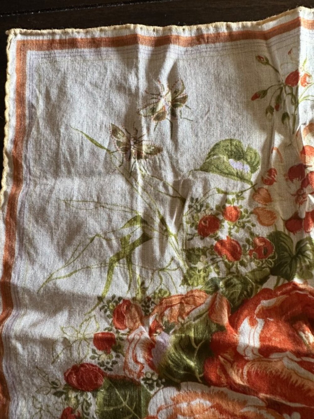 Vintage Flora Stoffels Handkerchief With Orange Roses & Bugs Print - Picture 3 of 16